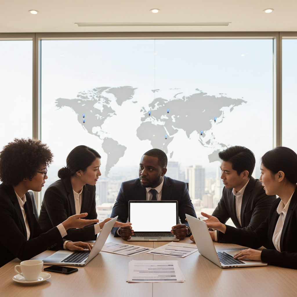 Legal counsel, CISO, and AI vendor negotiating a DPA at a modern conference table, world map and data center pins behind them