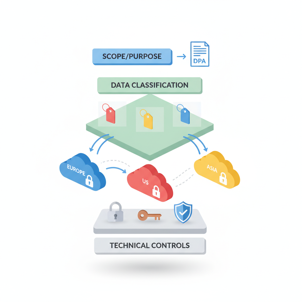 Isometric diagram of a negotiation checklist showing data classes, transfer routes to cloud regions, and controls