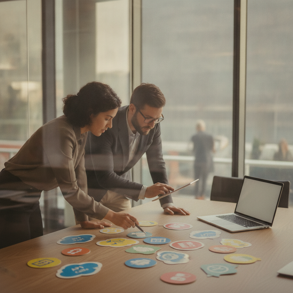 Diverse buyers comparing colored pricing cards and icons on a meeting table in a modern office.