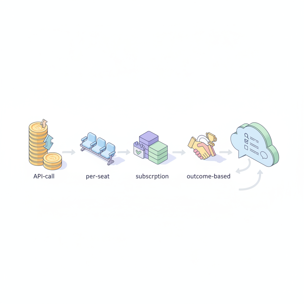 Isometric diagram showing four icon pillars for API-call, per-seat, subscription, and outcome-based pricing with decision