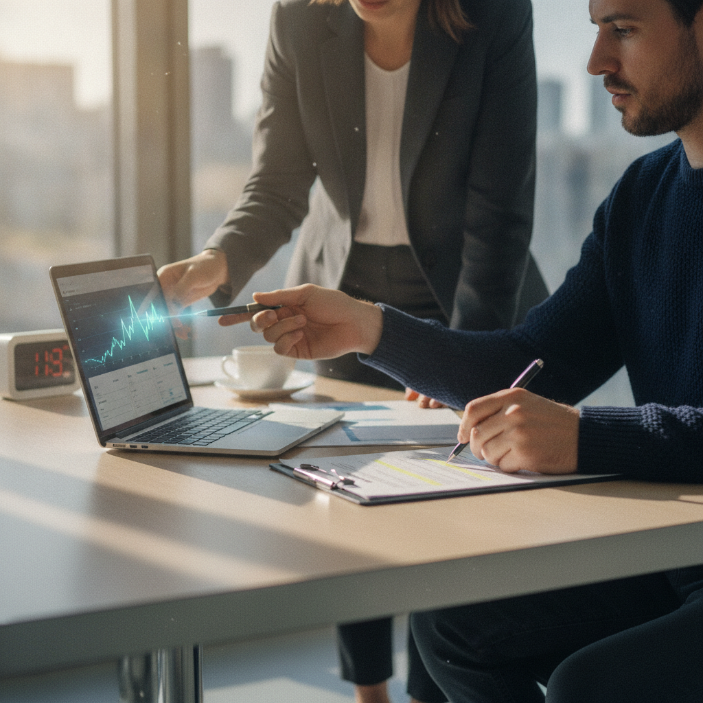 Two professionals review SLA graphs on a laptop and contract pages at a conference table during negotiation