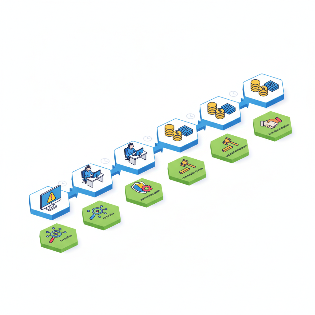 Isometric diagram showing AI incident-response flow with icons for detection, forensics, remediation, credits and escalation