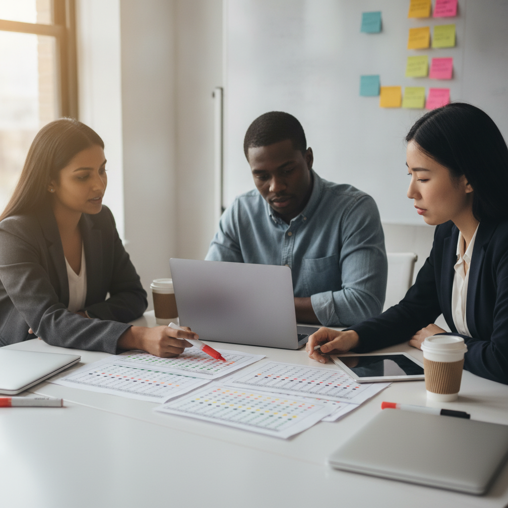 Three colleagues around a table pointing at printed scorecards and sticky notes while evaluating AI tools in an office.