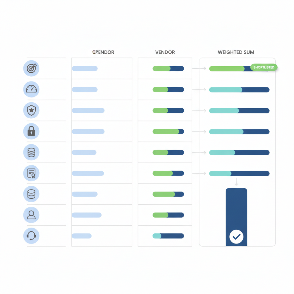 Isometric diagram showing ten icon rows and three vendor columns with colored score bars and a highlighted shortlisted vendor