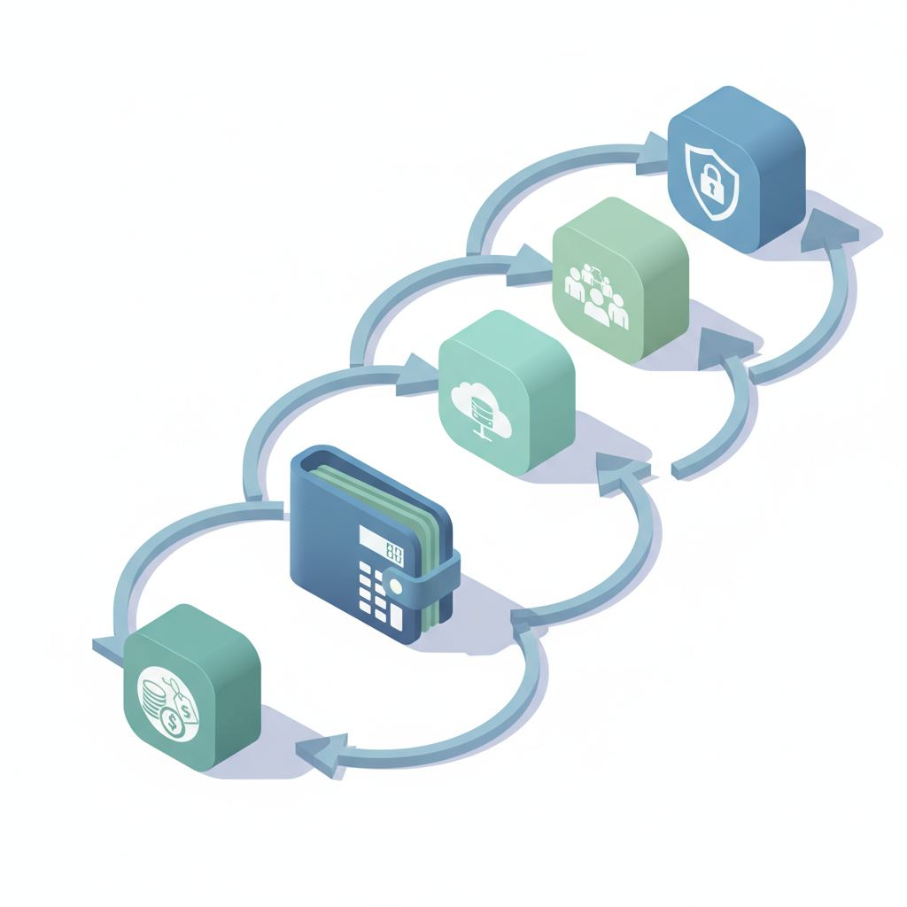 Isometric diagram of stacked blocks with icons for licensing, implementation, hosting, training and compliance, showing cost