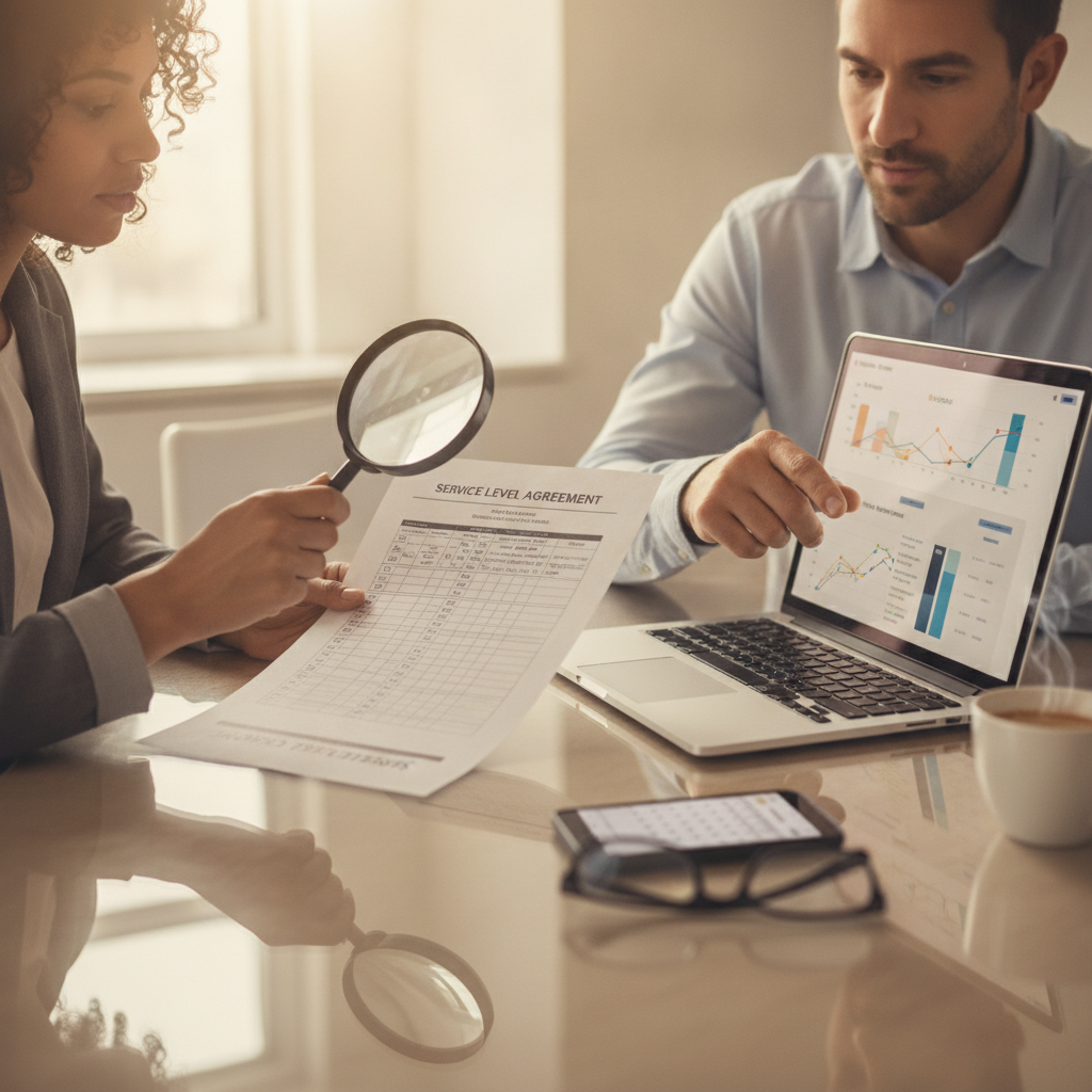 Two analysts reviewing an SLA checklist at a conference table while comparing vendor dashboards on a laptop.