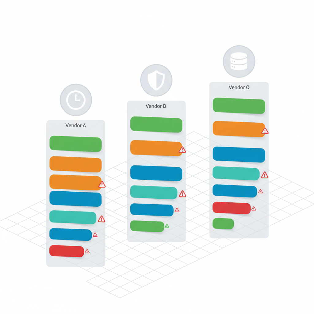 Isometric SLA comparison matrix with three vendor columns, colored metric bars and red warning icons highlighting red flags.