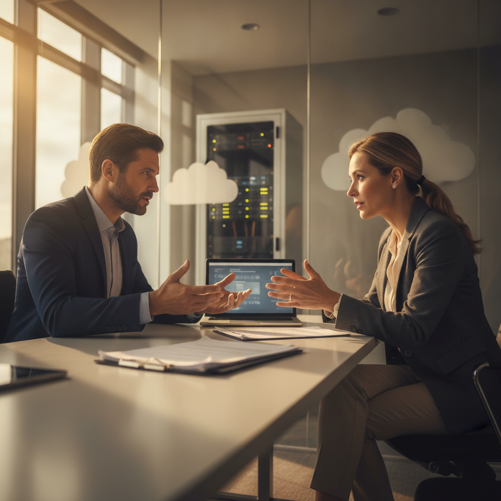 Two professionals negotiating an AI service contract at a conference table, laptop and printed contract visible.