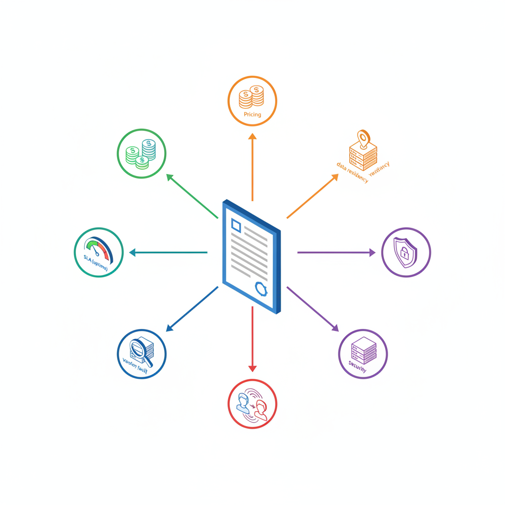 Isometric diagram showing AI contract elements: pricing, SLAs, data residency, security and vendor audit.