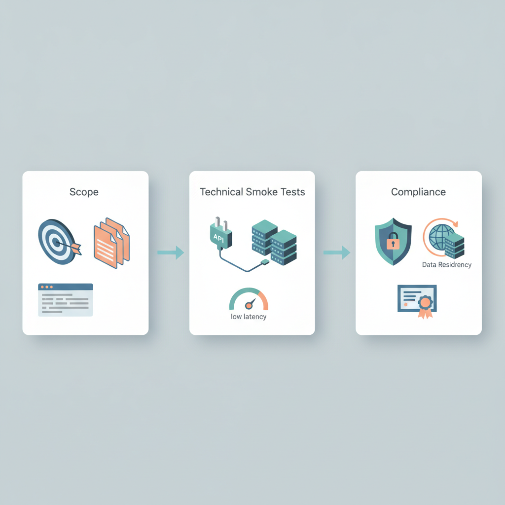 Isometric three-stage flow diagram showing scope, technical smoke tests, and compliance icons for a rapid AI shortlist.