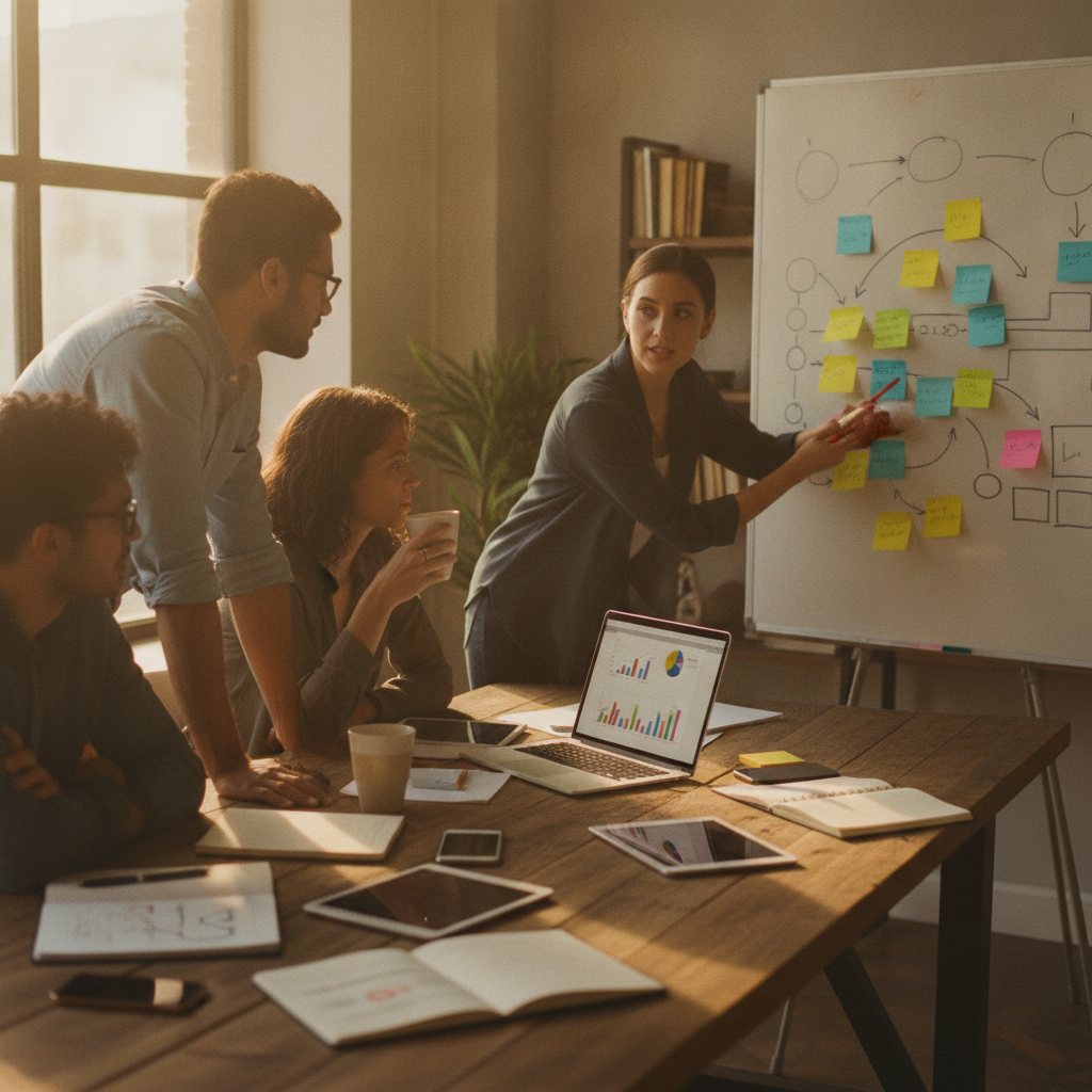 Small marketing team reviews AI tool options around a laptop and whiteboard in a bright meeting room