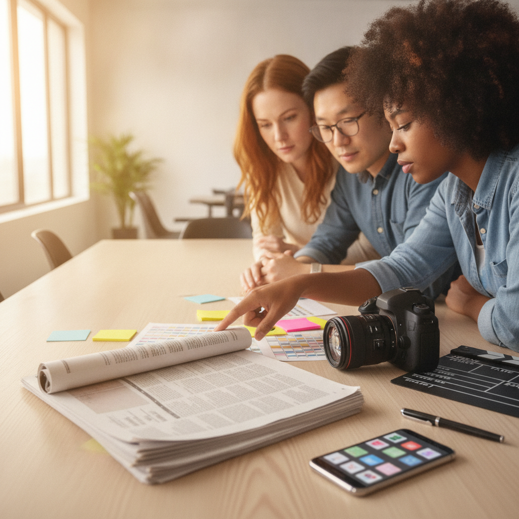 Content team comparing printed article pages, smartphone thumbnails, and a camera on a conference table