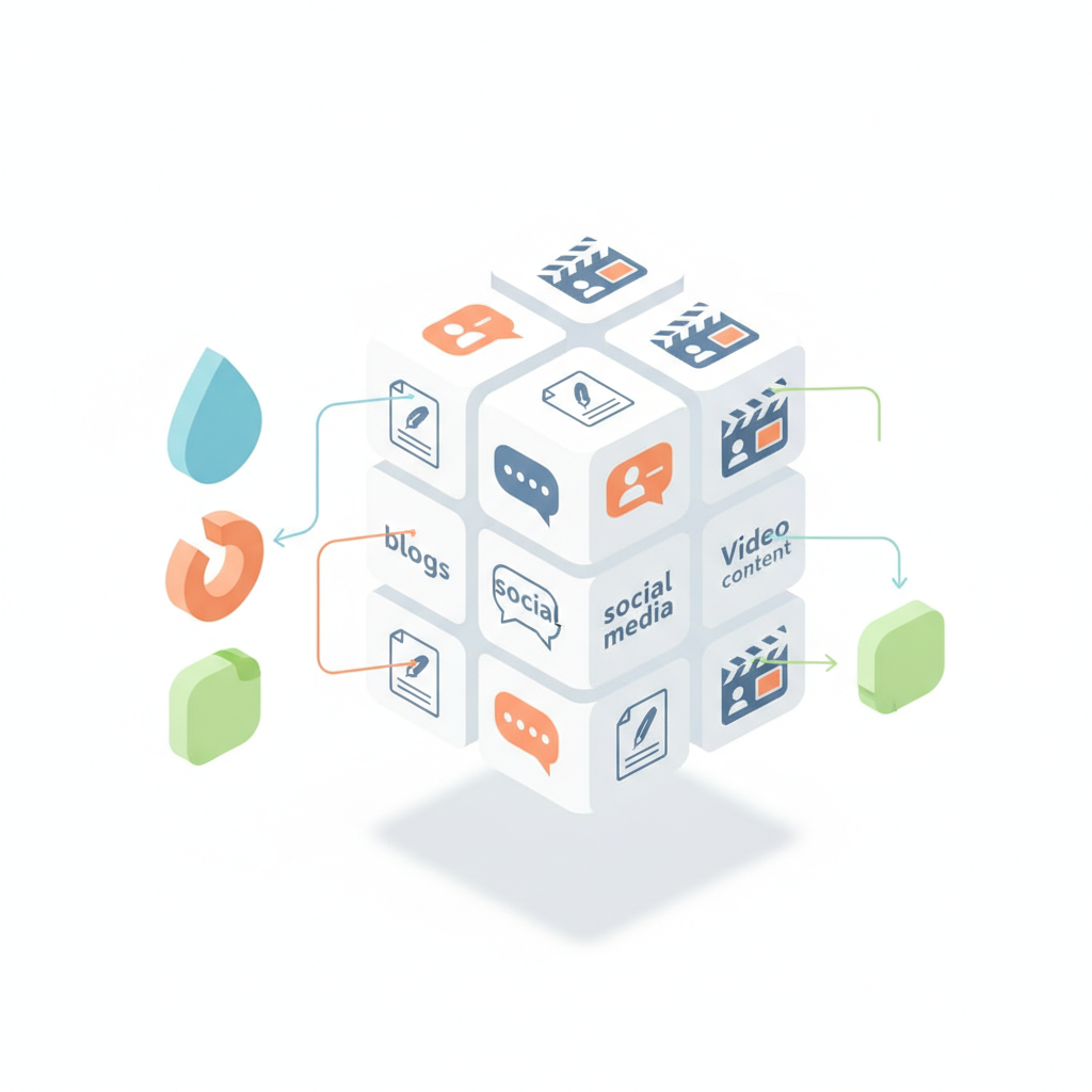 Isometric use-case matrix with blog, social and video icons linked to colored tool tokens