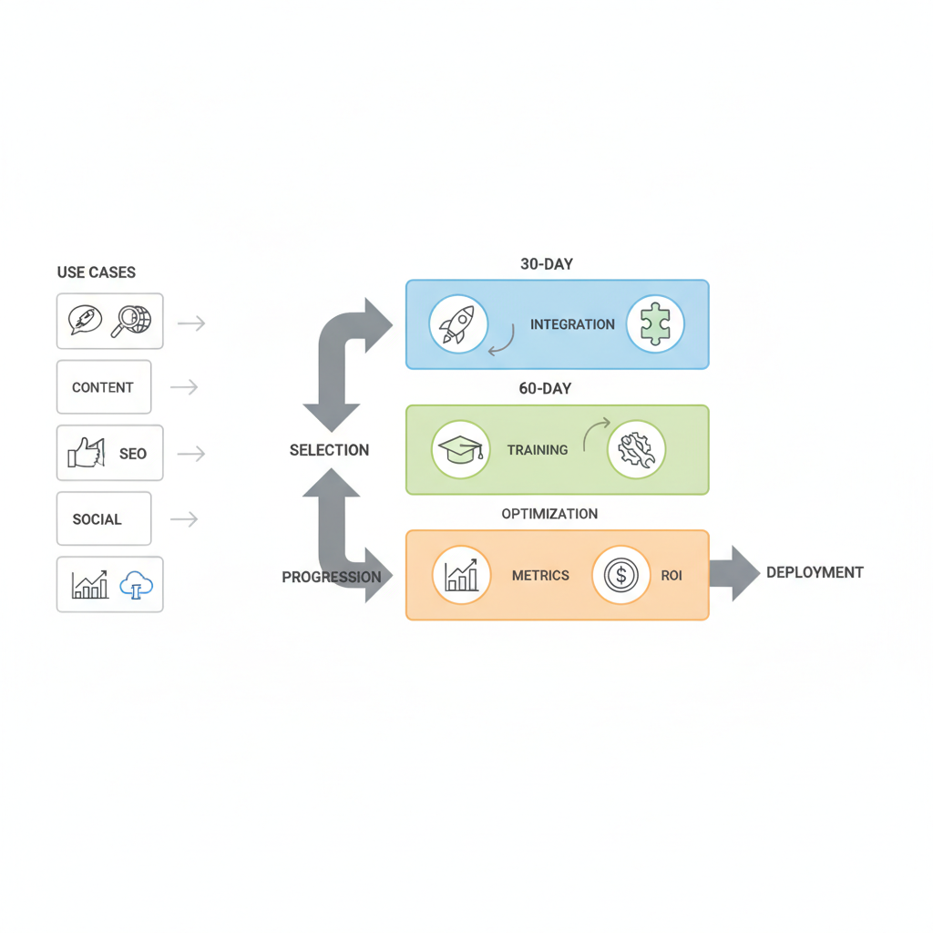 Isometric 30/60/90 onboarding diagram showing stages from pilot to integration and ROI for AI marketing tools.