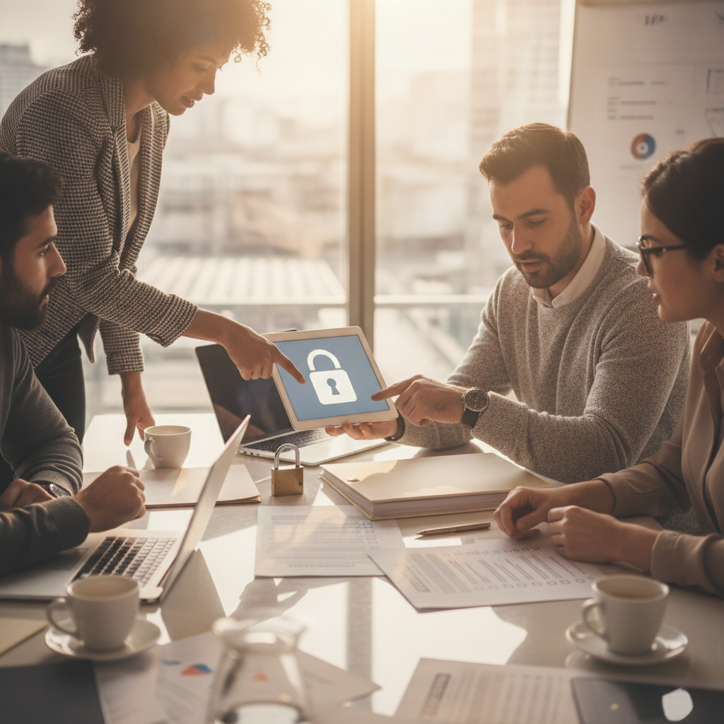 Marketing lead points at tablet with padlock while team reviews checklist papers in a sunlit meeting room