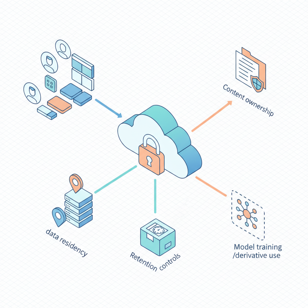 Isometric diagram of data flow: assets to vendor cloud with locks, residency pins, retention archive, and IP shield