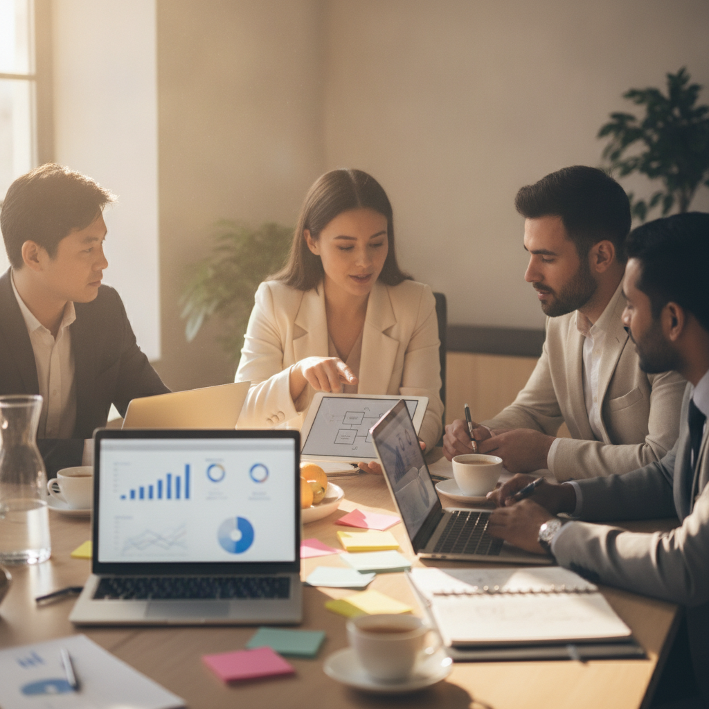 Four-person marketing team reviewing AI content tools on laptops and tablet around an office table
