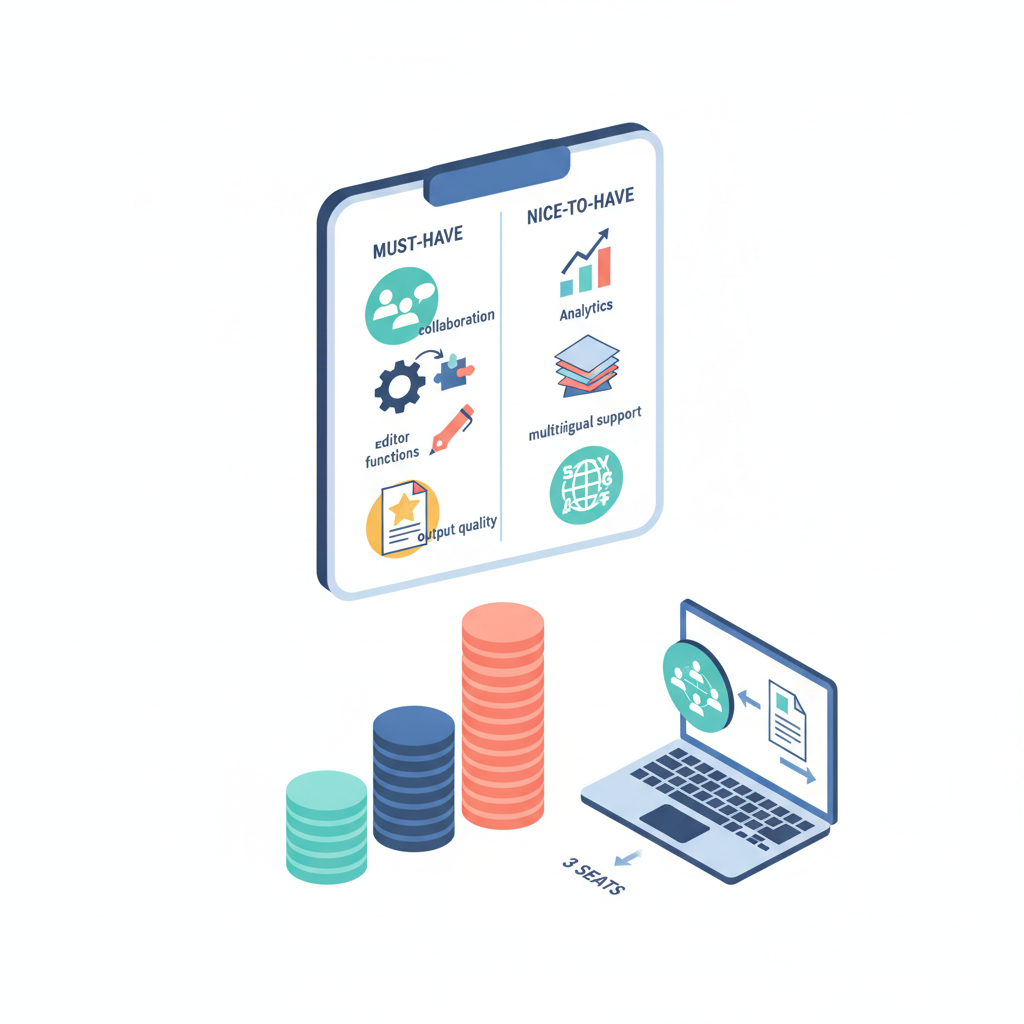 Isometric checklist diagram showing budget tier coins, must-have feature icons, and team-seat workflow for small marketing