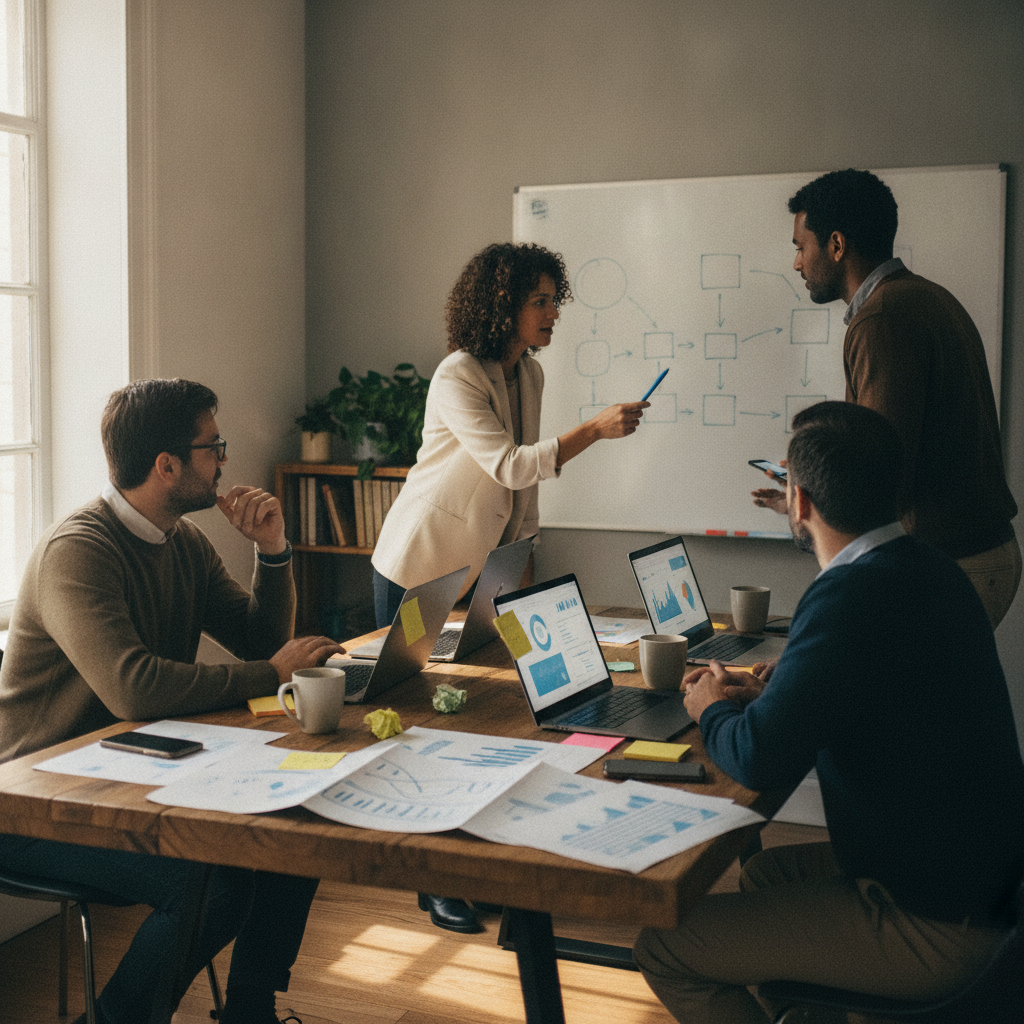 Small marketing team huddles around a table planning an AI tool 30-day pilot, laptops, sticky notes, whiteboard sketches