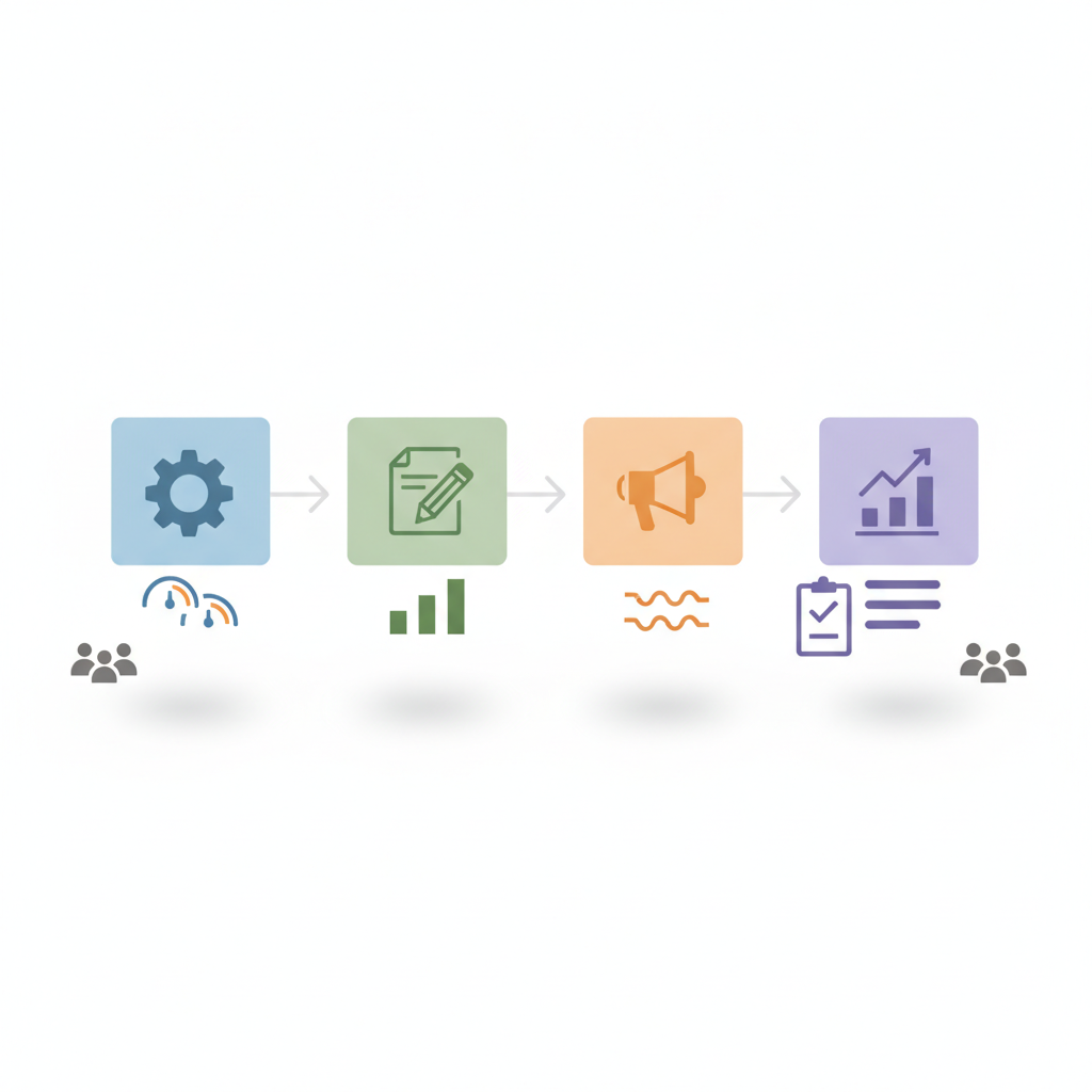 Isometric four-block timeline with icons for setup, content, distribution and ROI showing flow and metric visuals