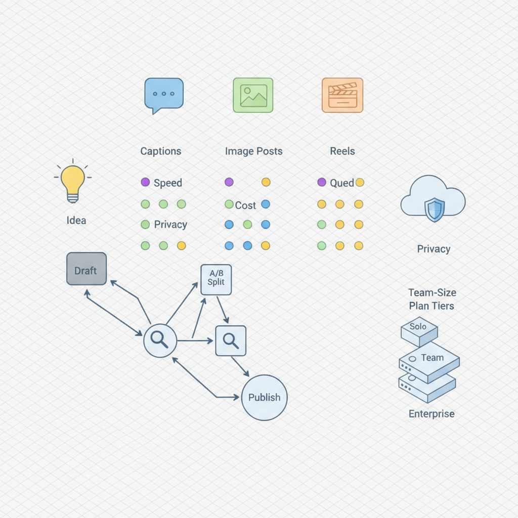 Isometric diagram comparing AI social tools with icons for captions, images and reels, colored metric dots and arrows showing