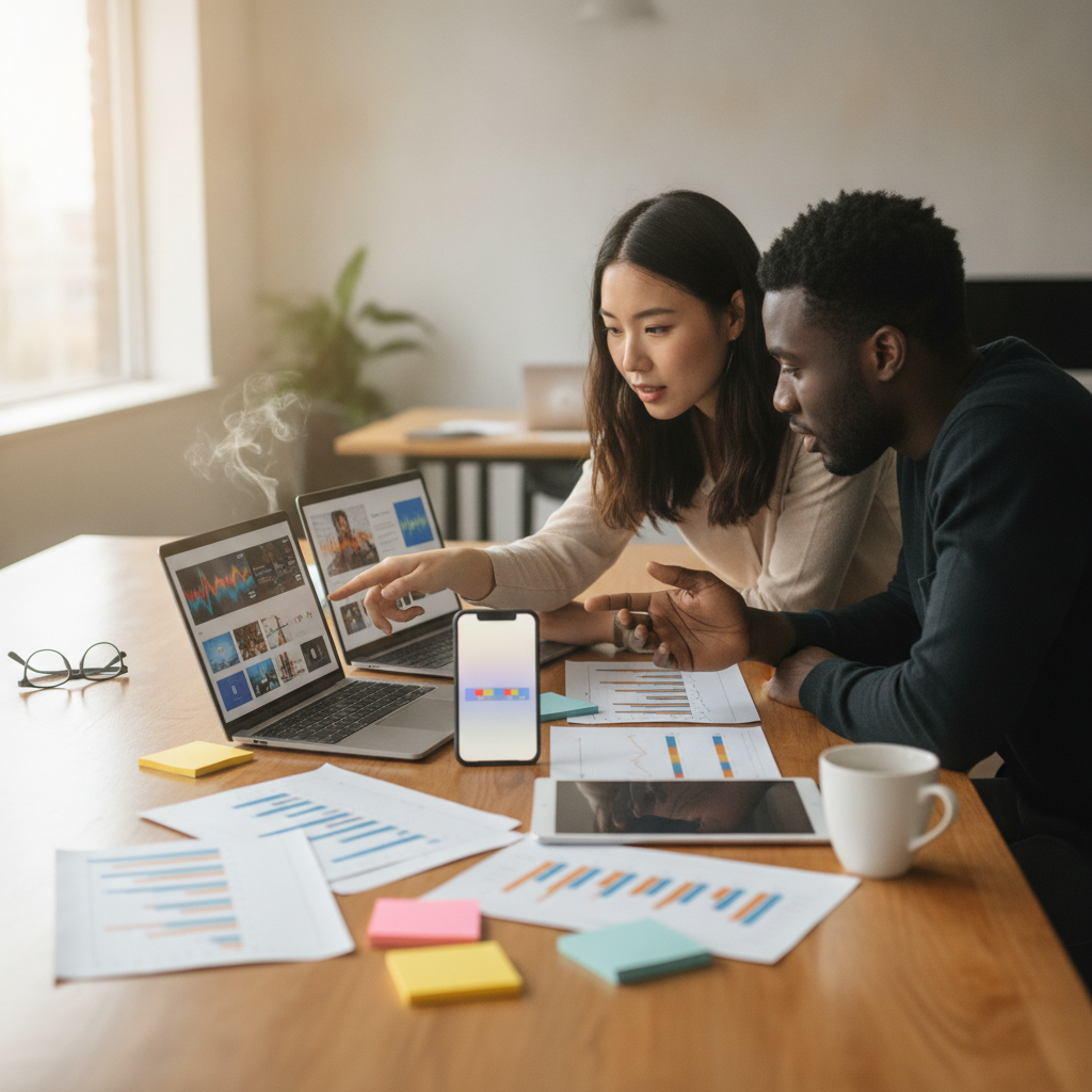 Two marketers comparing laptops and printed charts about AI video tools at a bright office table