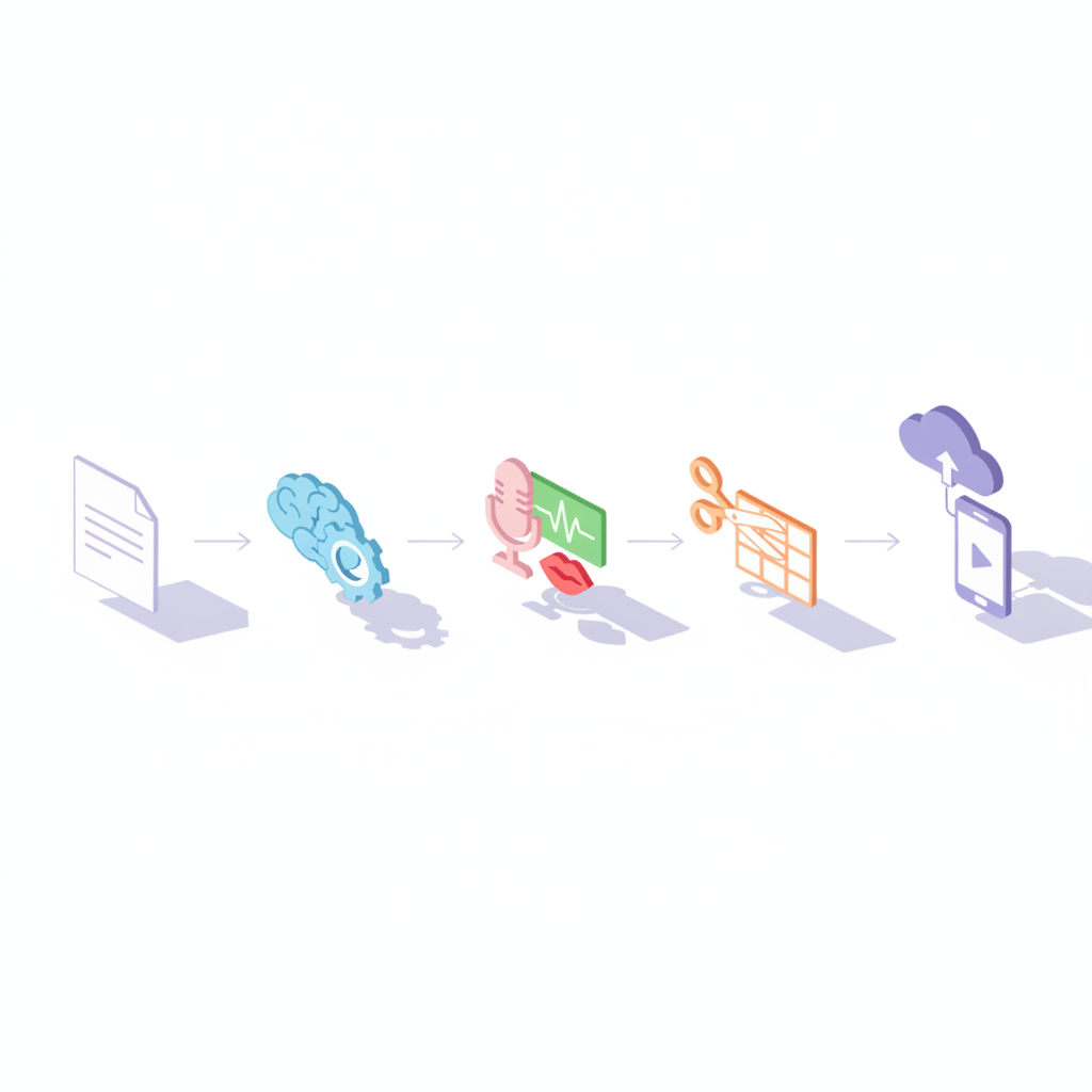 Isometric diagram showing icon-based workflow from script to AI video generator to voiceover, editing, and export