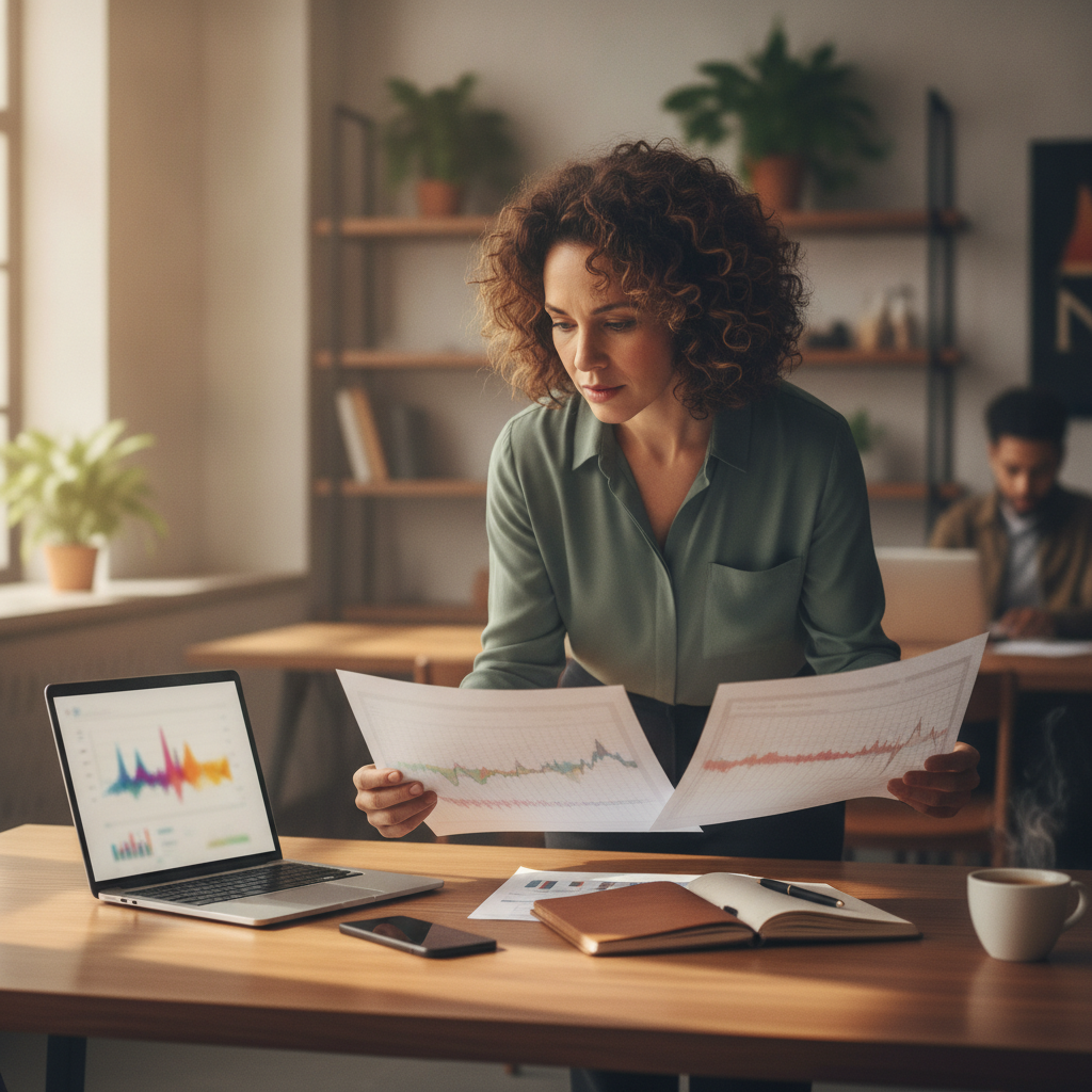 Content strategist comparing printed feature-matrix sheets and a blurred laptop at a modern desk while choosing AI blog tools