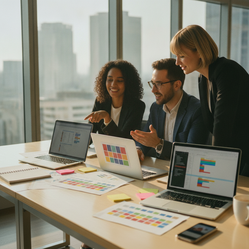 Three marketers comparing blurred blog, social, and video drafts on laptops at a sunny conference table