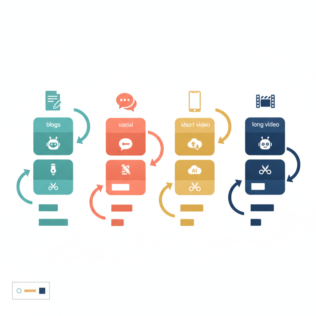 Isometric diagram comparing AI content workflows for blog, social, short and long video with color-coded columns and arrows