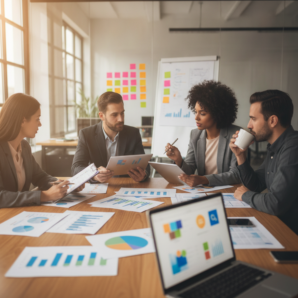 Diverse marketing team gathered around a table reviewing checklists, charts and laptops while planning AI tool selection