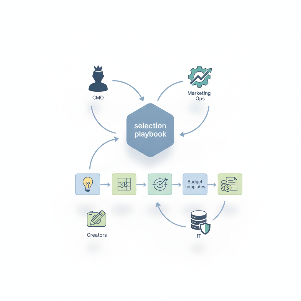 Isometric infographic showing CMO, marketing ops, creators and IT icons feeding arrows to stages for an AI tool selection