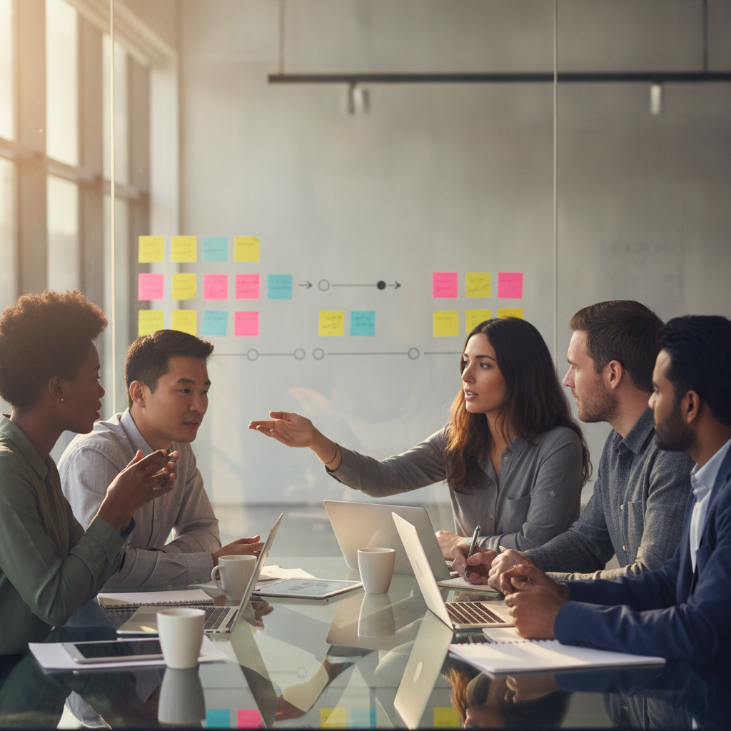 Small marketing team of five collaborating around a table, pointing at a sticky-note timeline on glass during an AI pilot