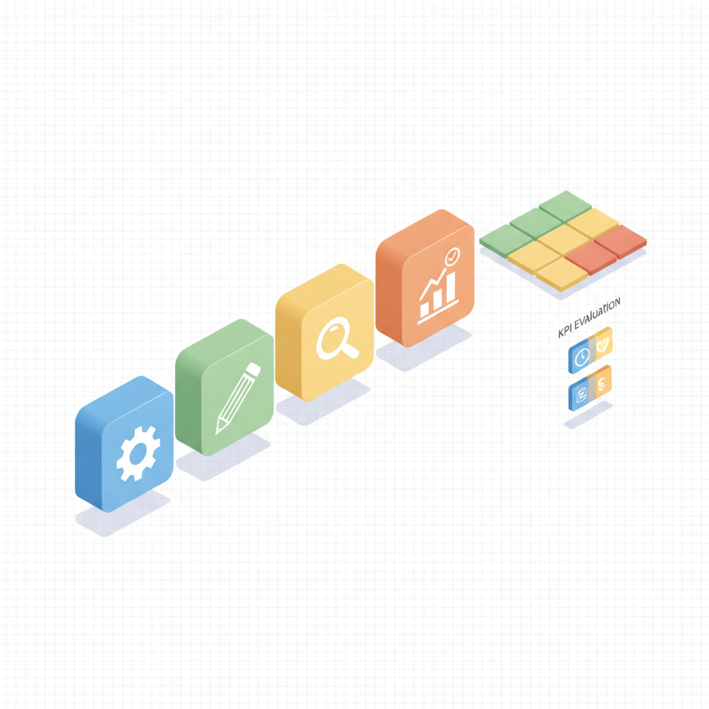 Isometric timeline infographic with four color-coded week blocks, use-case icons and a green/yellow/red KPI scoring grid