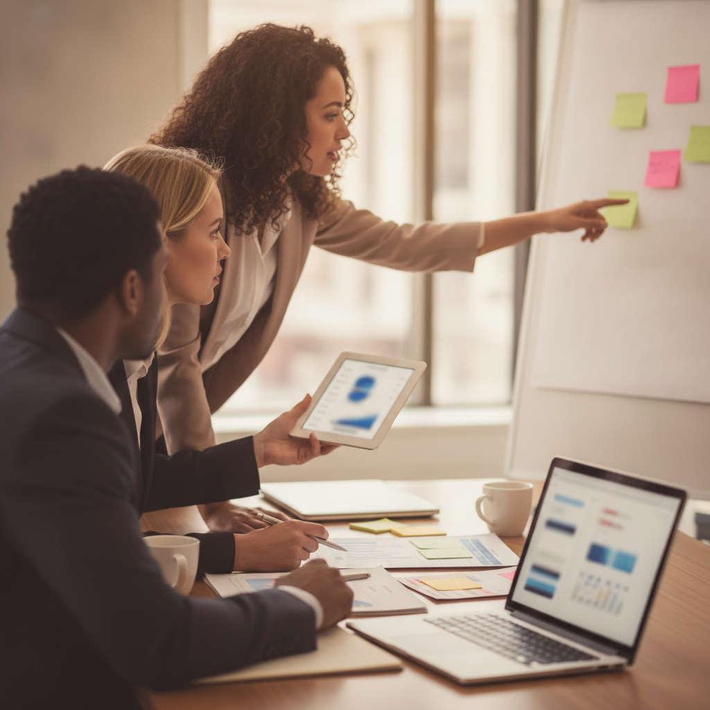 Three marketers lean over a laptop and printed pricing cards, comparing AI image editor plans in a bright conference room