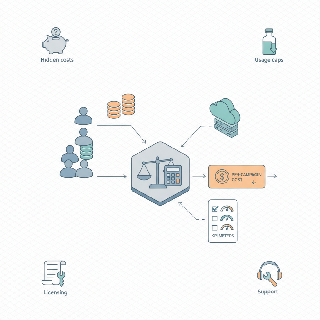 Isometric diagram showing tier icons (seats, credits, API) flowing into a central calculator and normalized cost chart