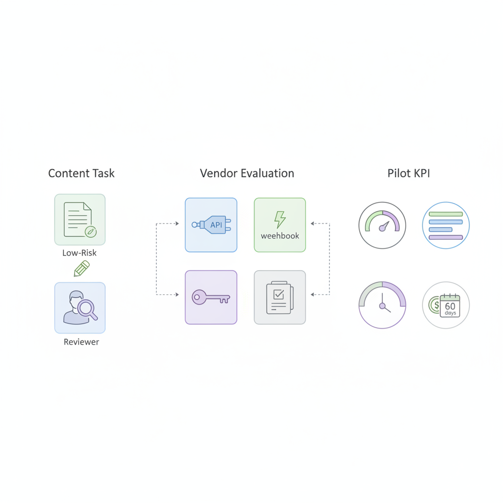 Isometric infographic showing content workflow, vendor-evaluation icons and KPI meters for a 60-day pilot