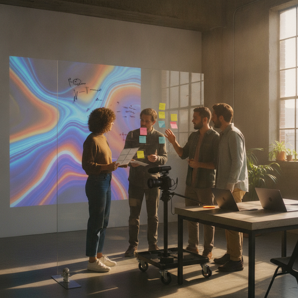 Marketing team reviewing AI-generated video concepts in a bright studio, arranging storyboards and camera gear for a pilot