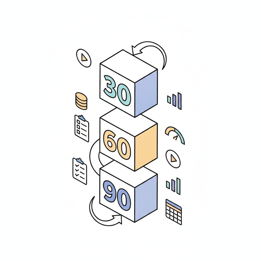Isometric diagram of a 30/60/90-day AI video pilot workflow with KPI icons and budget symbols
