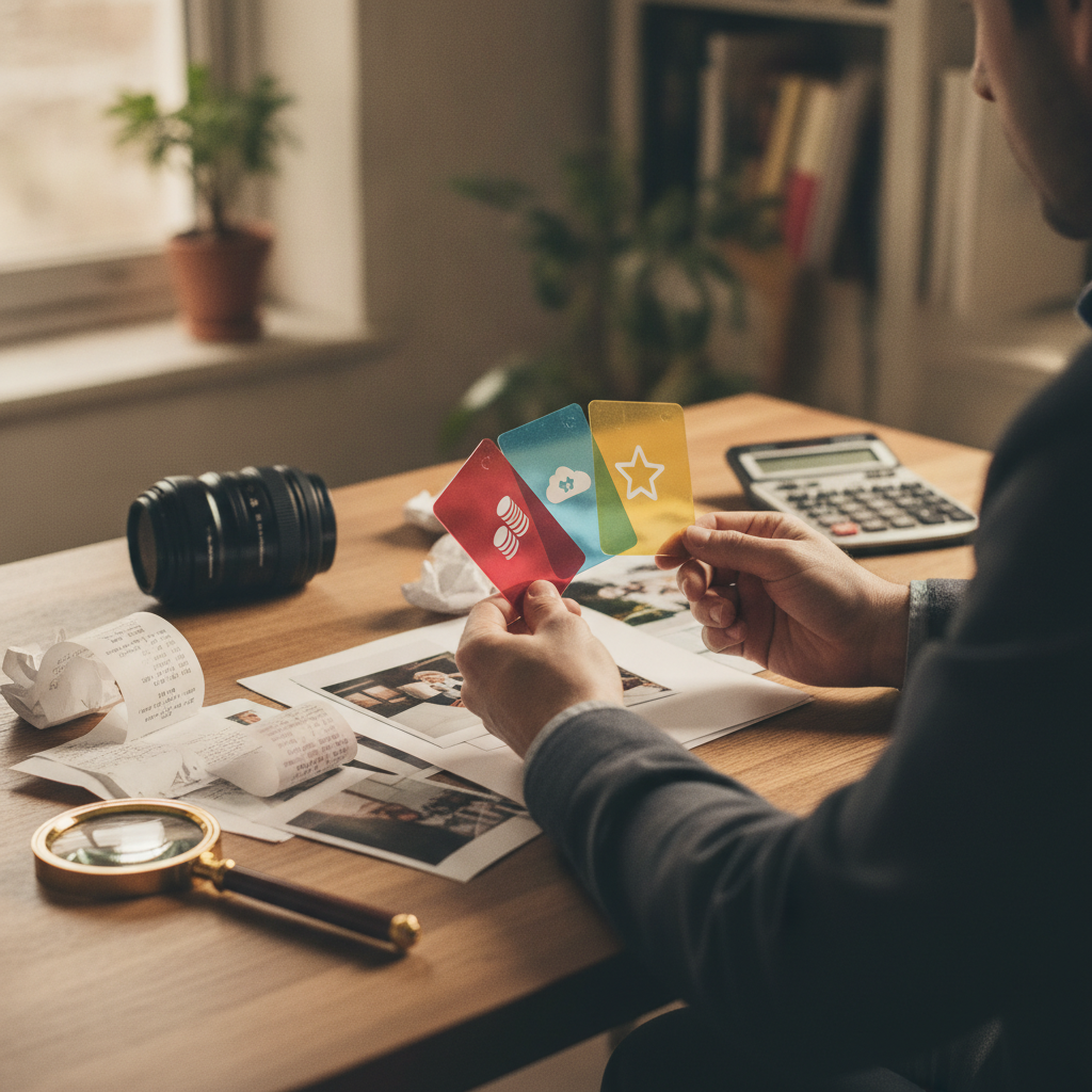 Person at desk comparing three color-coded plan cards with receipts, calculator, magnifier and camera, evaluating pricing