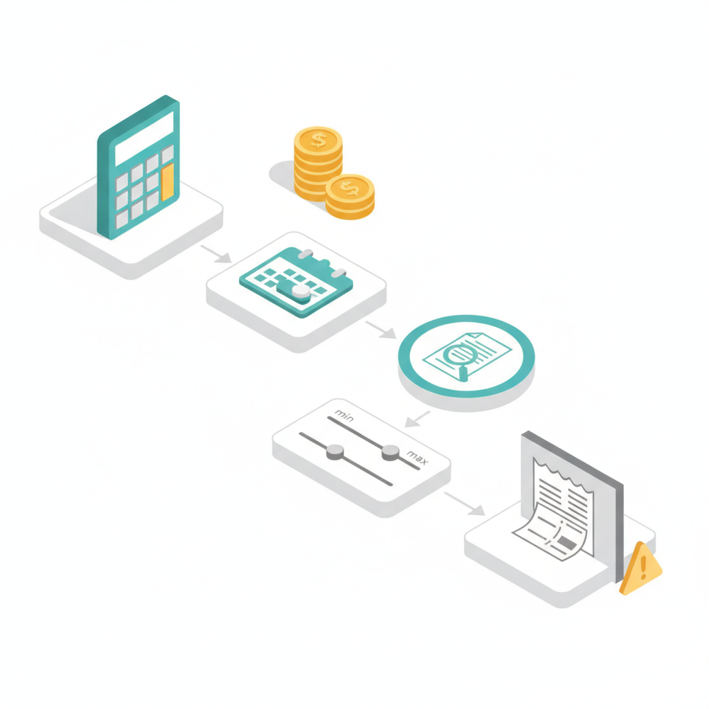 Isometric diagram showing connected icons — calculator, coins, calendar, magnifying glass and warning triangle — for pricing