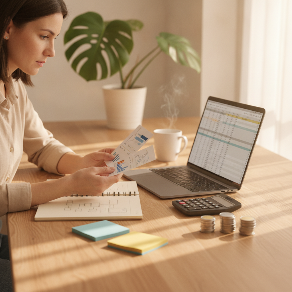 Product manager comparing AI tool pricing at desk with laptop, coins, calculator, and blank notes