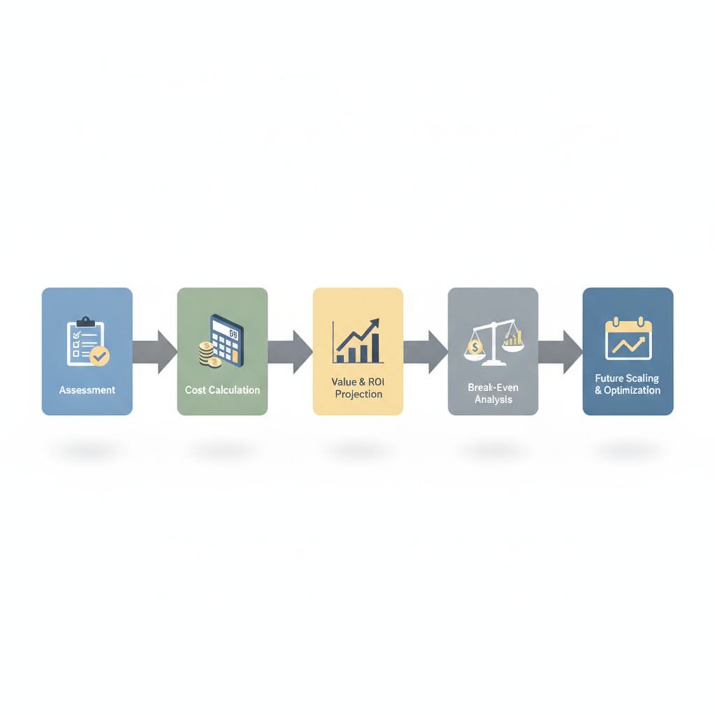 Isometric diagram of stepwise AI pricing evaluation with checklist, calculator, chart, scale, and calendar connected