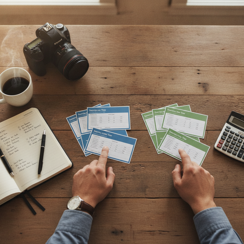 Creator at desk pointing to two color-coded pricing cards side-by-side with notebook, camera, coffee, and calculator