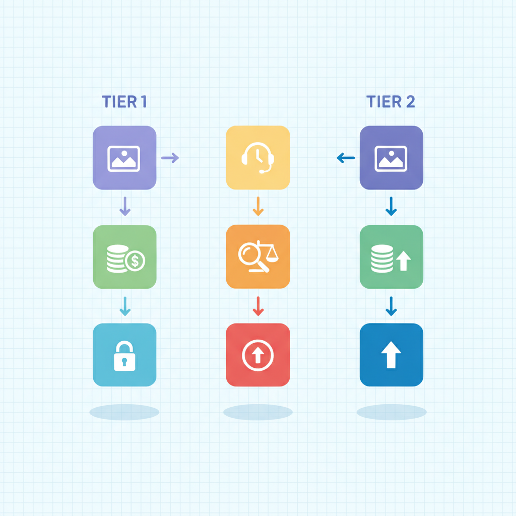 Isometric checklist diagram comparing two pricing tiers with icons for access, usage, output, support, and value