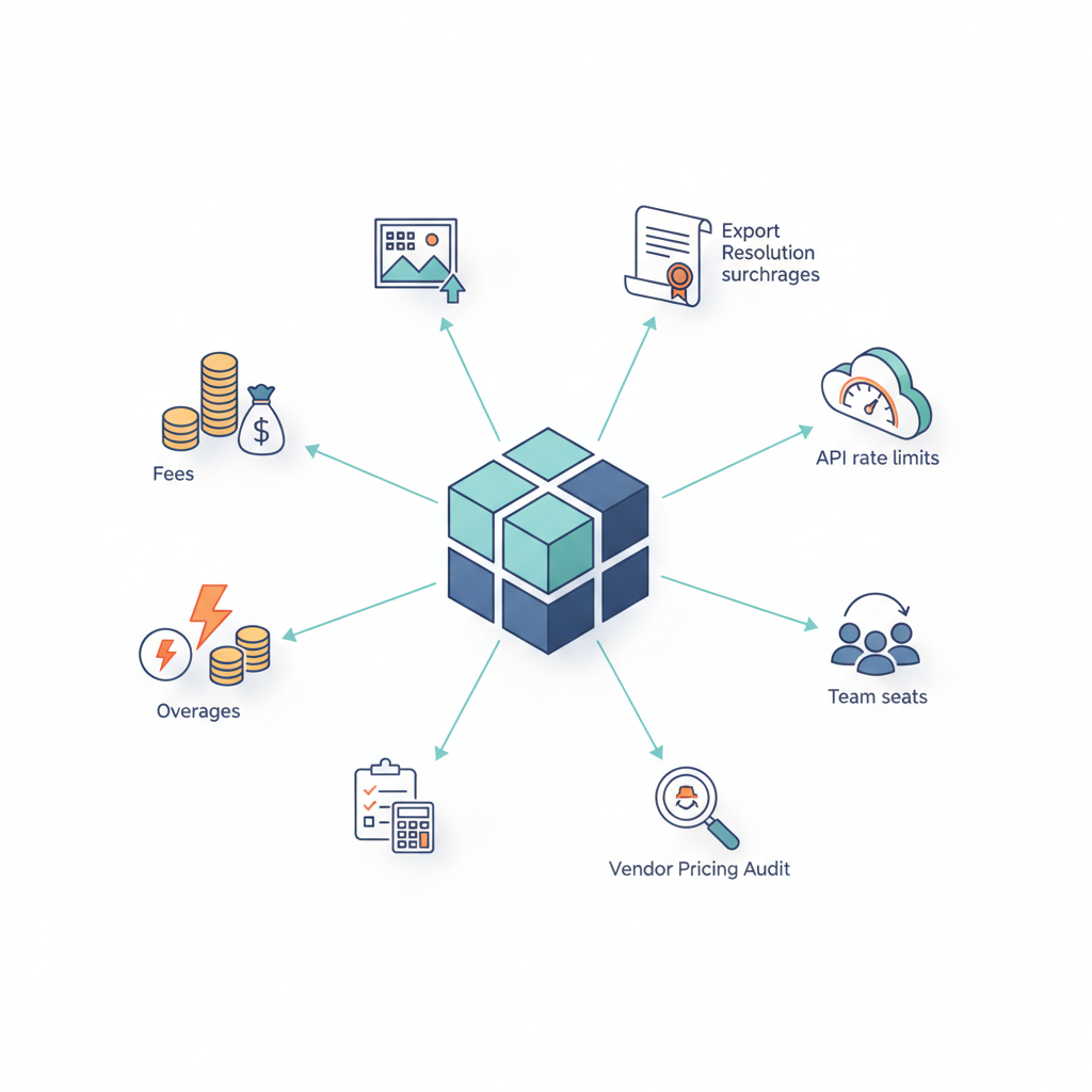 Isometric diagram of AI image editor costs: coin stacks, lightning bolt for overages, document for licenses, cloud API, user