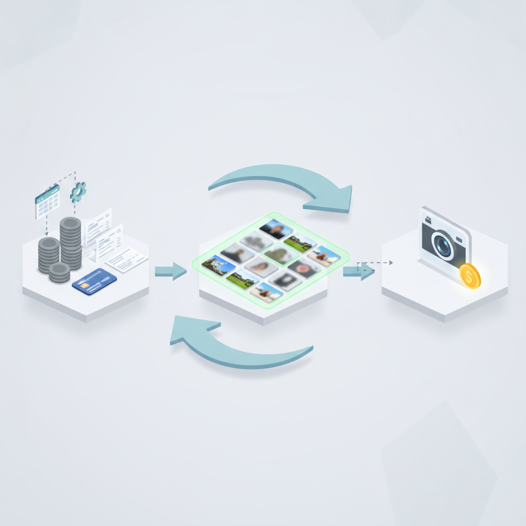 Isometric diagram: coins flowing into a grid of thumbnails with some greyed out, arrow to one photo with a coin overlay.