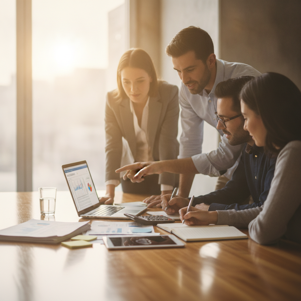 Team analyzing AI process automation costs at a conference table, pointing at a laptop spreadsheet in a modern office