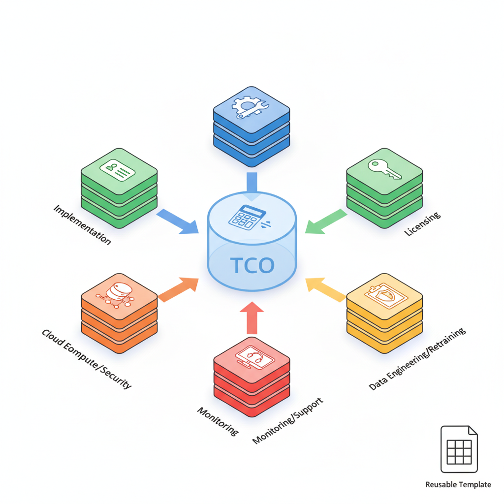 Isometric diagram with colored blocks and icons converging into a central TCO cylinder, showing AI automation cost components