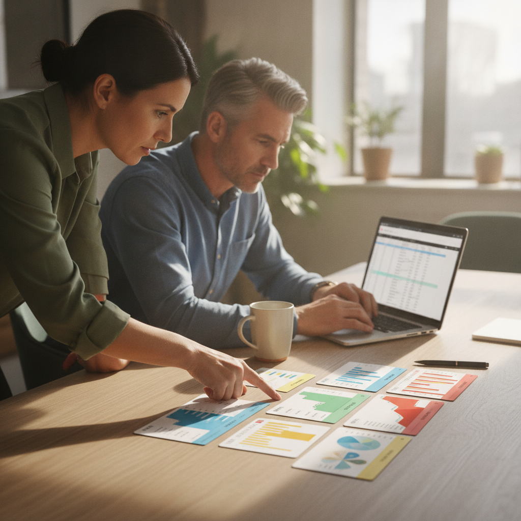 Procurement team reviews printed pricing tier cards and a blurred spreadsheet at a conference table during vendor evaluation.